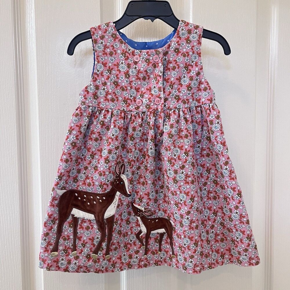 Baby Boden Pink Deer Vintage Daisy Applique Corduroy Pinnie Dress 18-24 Months